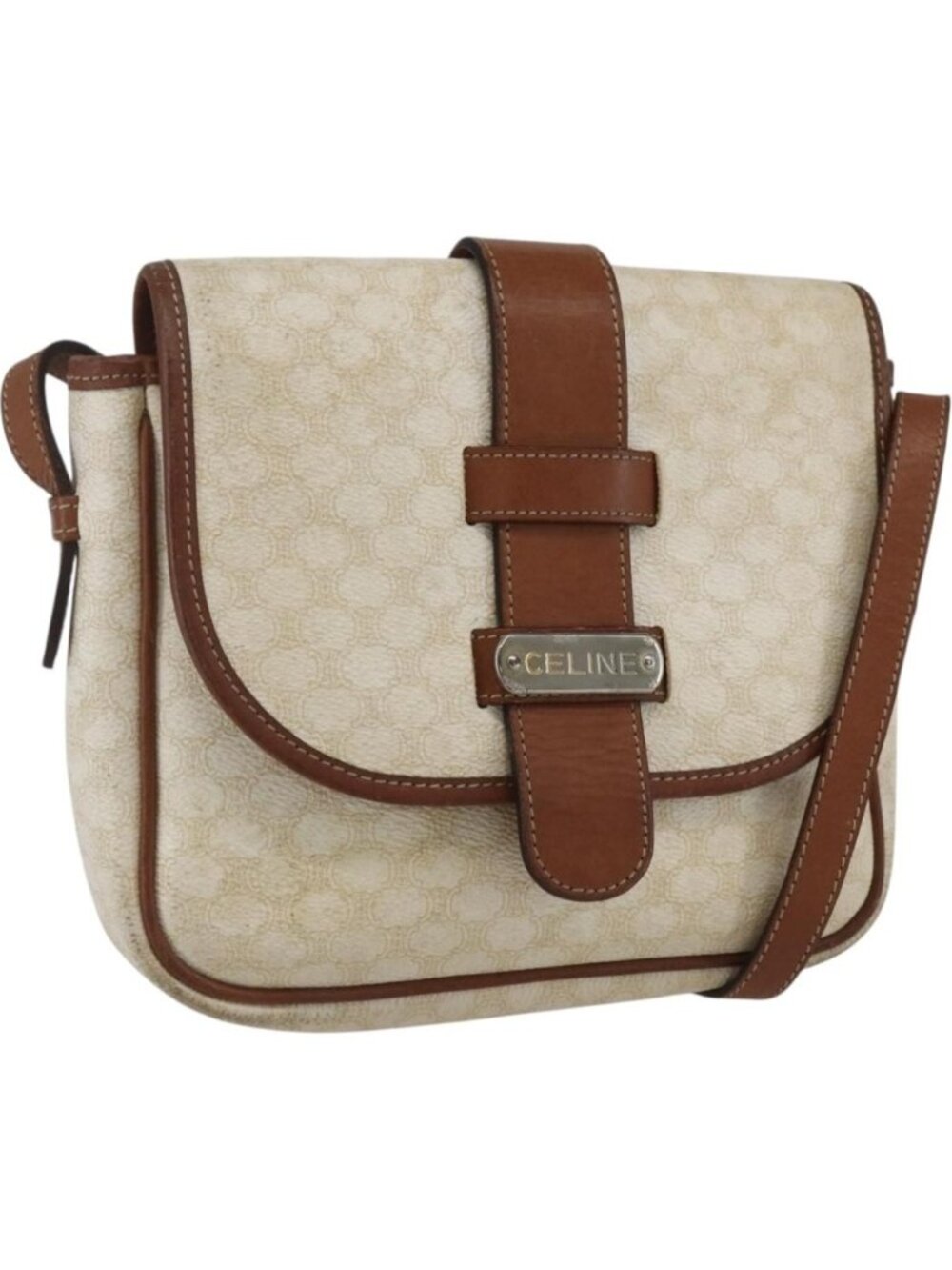 CELINE Macadam Canvas Shoulder Bag PVC Leather White Silver